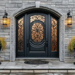 Luxury Front Door With Stained Glass Panels And Wrought Iron Detailing In High Definition.