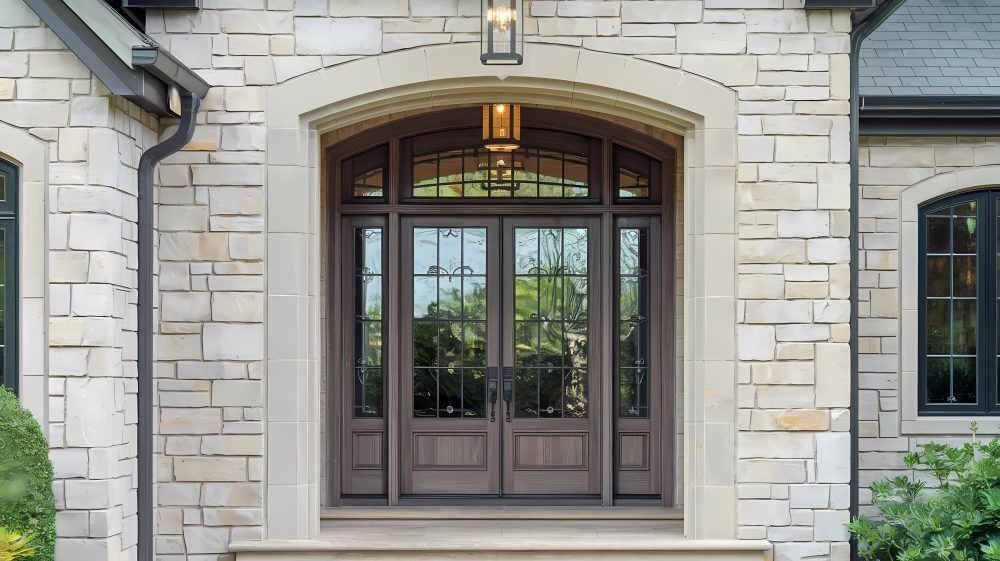 Elegant Entrance Featuring A Stone Facade And Double Doors With Glass Panels, Framed By Decorative Lighting And Lush Greenery, Enhancing Curb Appeal And Welcoming Ambiance.