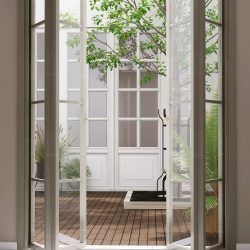 Open Folding Door With Glass Panel To Courtyard With Wooden Floor, White Exterior House And Tree In Sunlight For Interior Design Decoration, Product Background 3d