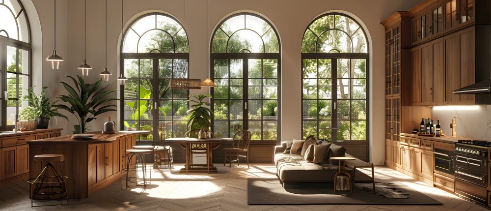 A Spacious And Luxurious Apartment With Large Windows, Featuring An Open Kitchen Area With Wooden Cabinets, Dining Table, Sofa, And Arched Window Frames. The Room Has Soft Lighting From Hanging Lamps,